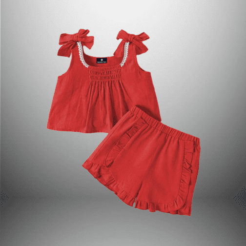 2pcs Girls Fancy Top and Short with Frills and Pleat-RKFCW381